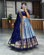 Thumbnail for Aastha Fashion Navy Blue Soft Dola Silk Fully Printed With Contrast Foil Work Border Lehenga Choli