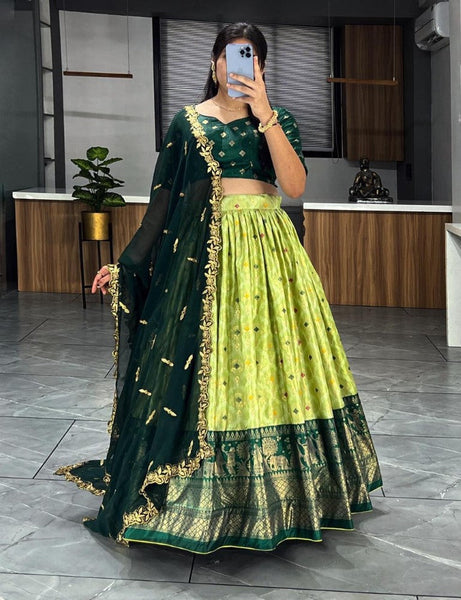 Aastha Fashion Parrot Green Soft Dola Silk Fully Printed With Contrast Foil Work Border Lehenga Choli