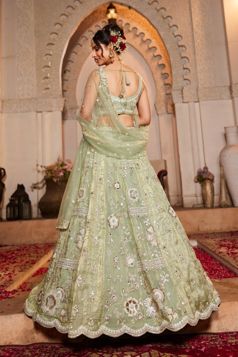 Aastha Fashion Lime Green Tissue Embroidery Lehenga Choli