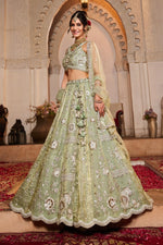 Thumbnail for Aastha Fashion Lime Green Tissue Embroidery Lehenga Choli