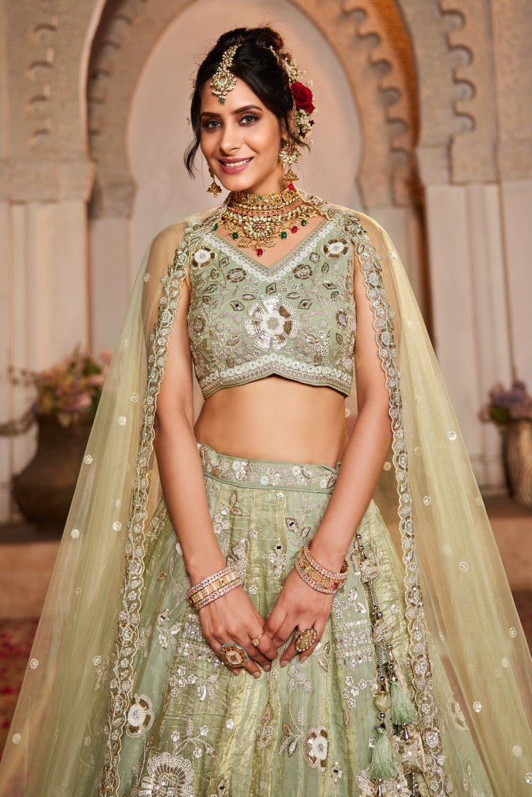 Aastha Fashion Lime Green Tissue Embroidery Lehenga Choli
