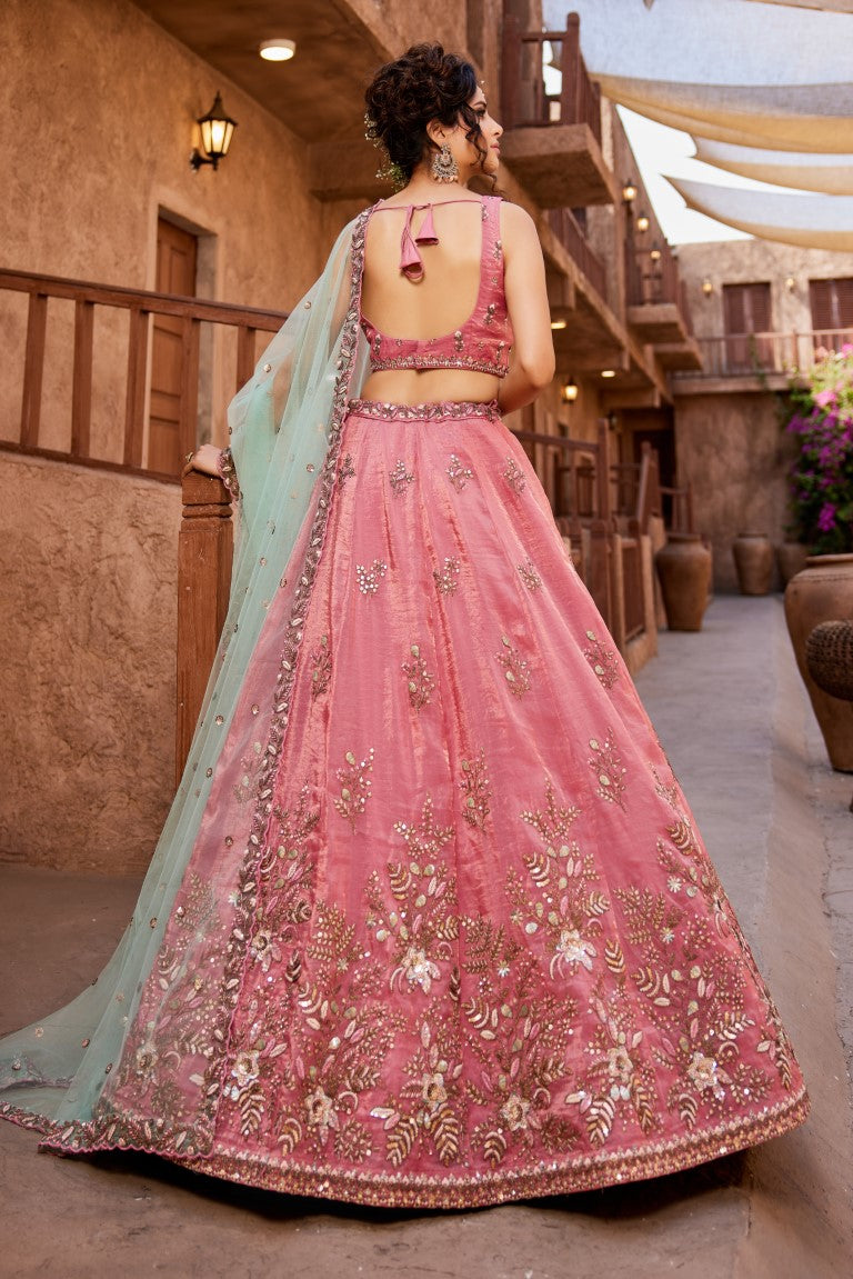 Aastha Fashion Pink Tissue Embroidery Lehenga Choli