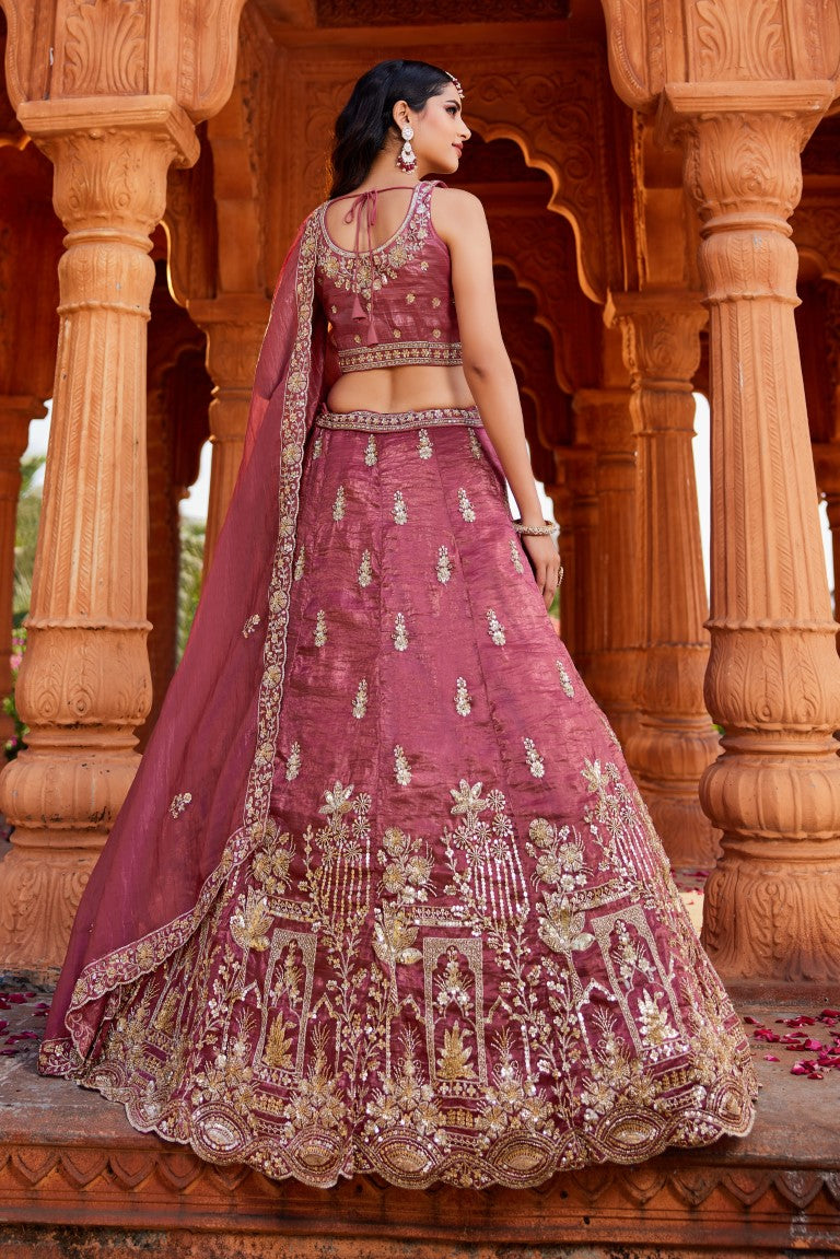 Aastha Fashion Pink Tissue Embroidery Lehenga Choli