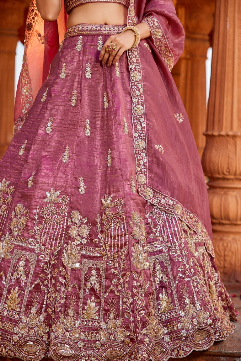 Aastha Fashion Pink Tissue Embroidery Lehenga Choli