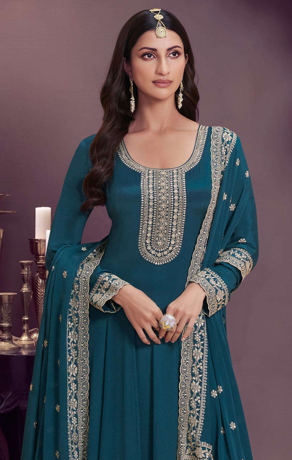 Aastha Fashion Aqua Blue Chinon Glamorous Festival Wear Pakistani Suit