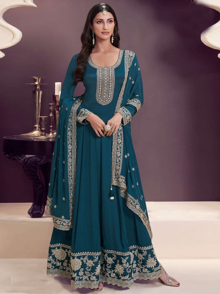 Aastha Fashion Aqua Blue Chinon Glamorous Festival Wear Pakistani Suit