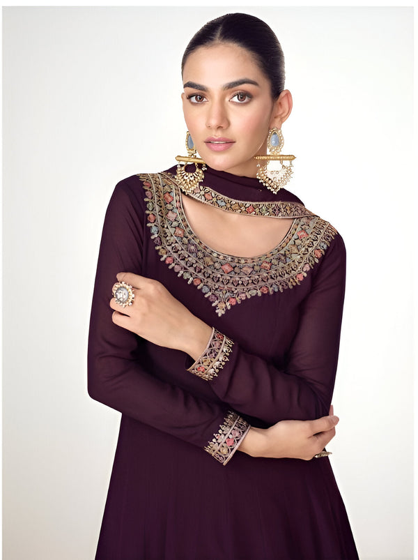 Aastha Fashion Wine Blooming Georgette Glamorous Festival Wear Suit
