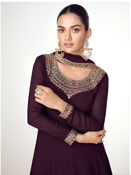 Aastha Fashion Wine Blooming Georgette Glamorous Festival Wear Suit