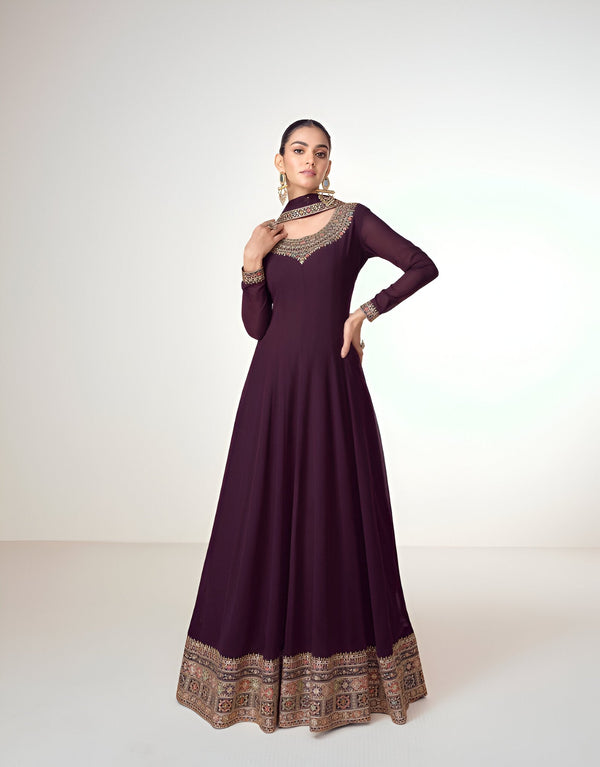 Aastha Fashion Wine Blooming Georgette Glamorous Festival Wear Suit