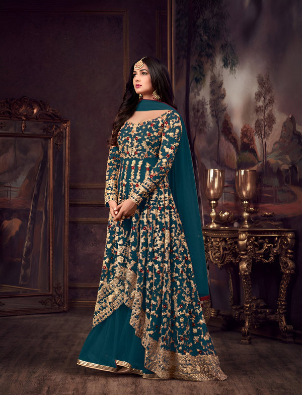 Aastha Fashion Turquoise Heavy Net Glamorous Festival Wear Suit