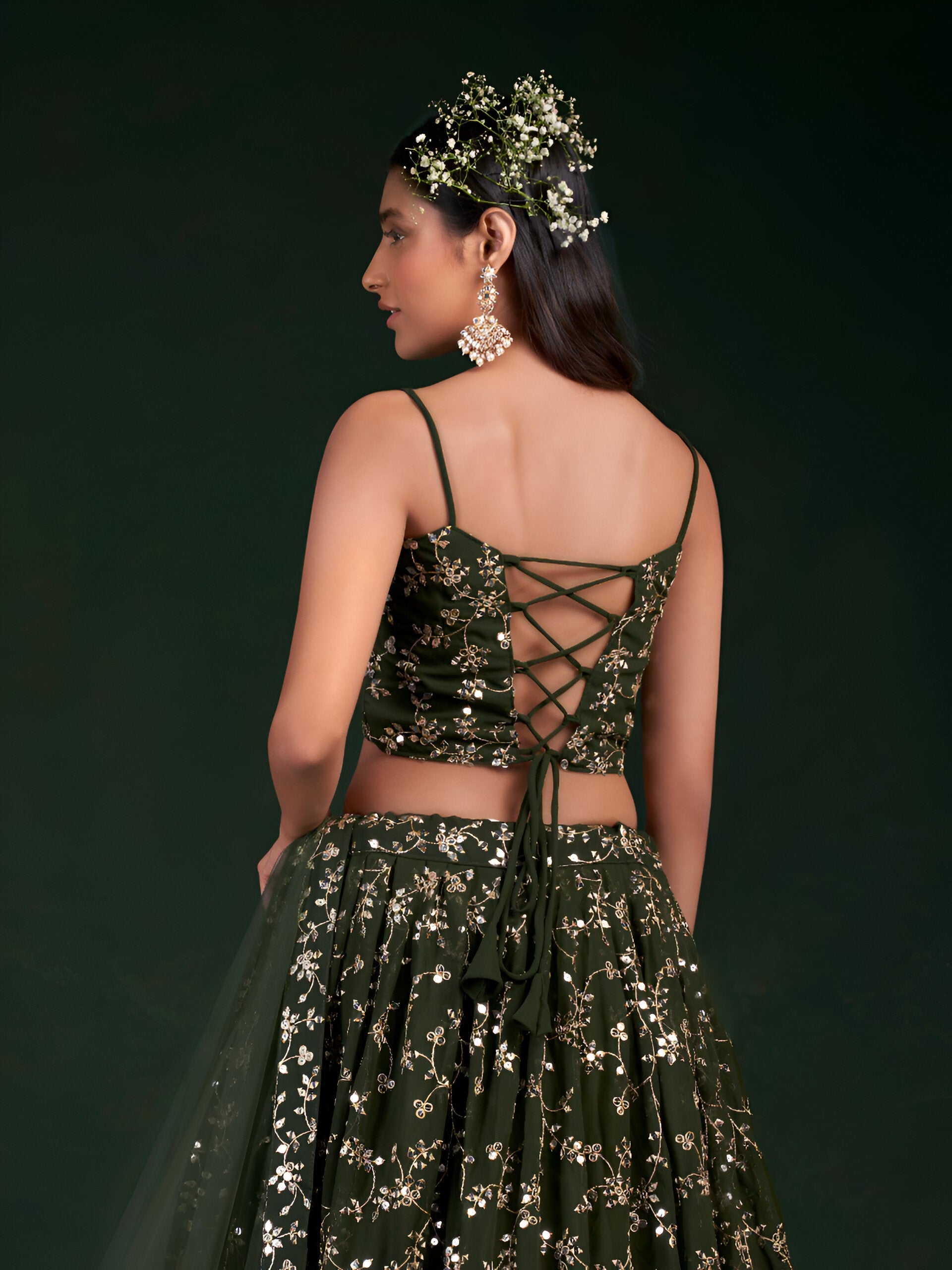 Aastha Fashion Mahendi Green Georgette 7-mm Sequence Zari Glamorous Festival Lehenga Choli