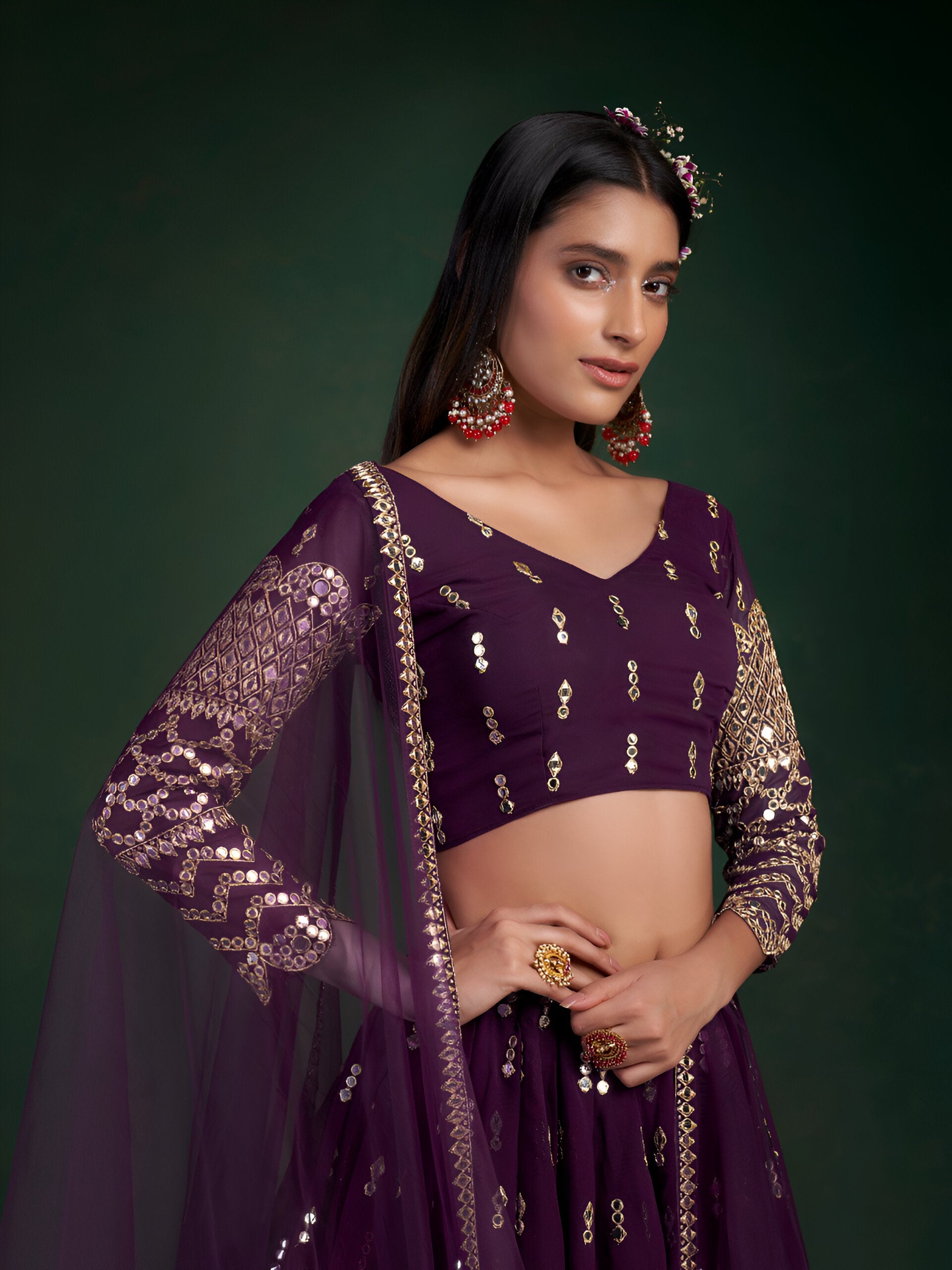 Aastha Fashion Wine Georgette Zari Sequence Mirror work Glamorous Festival Lehenga Choli