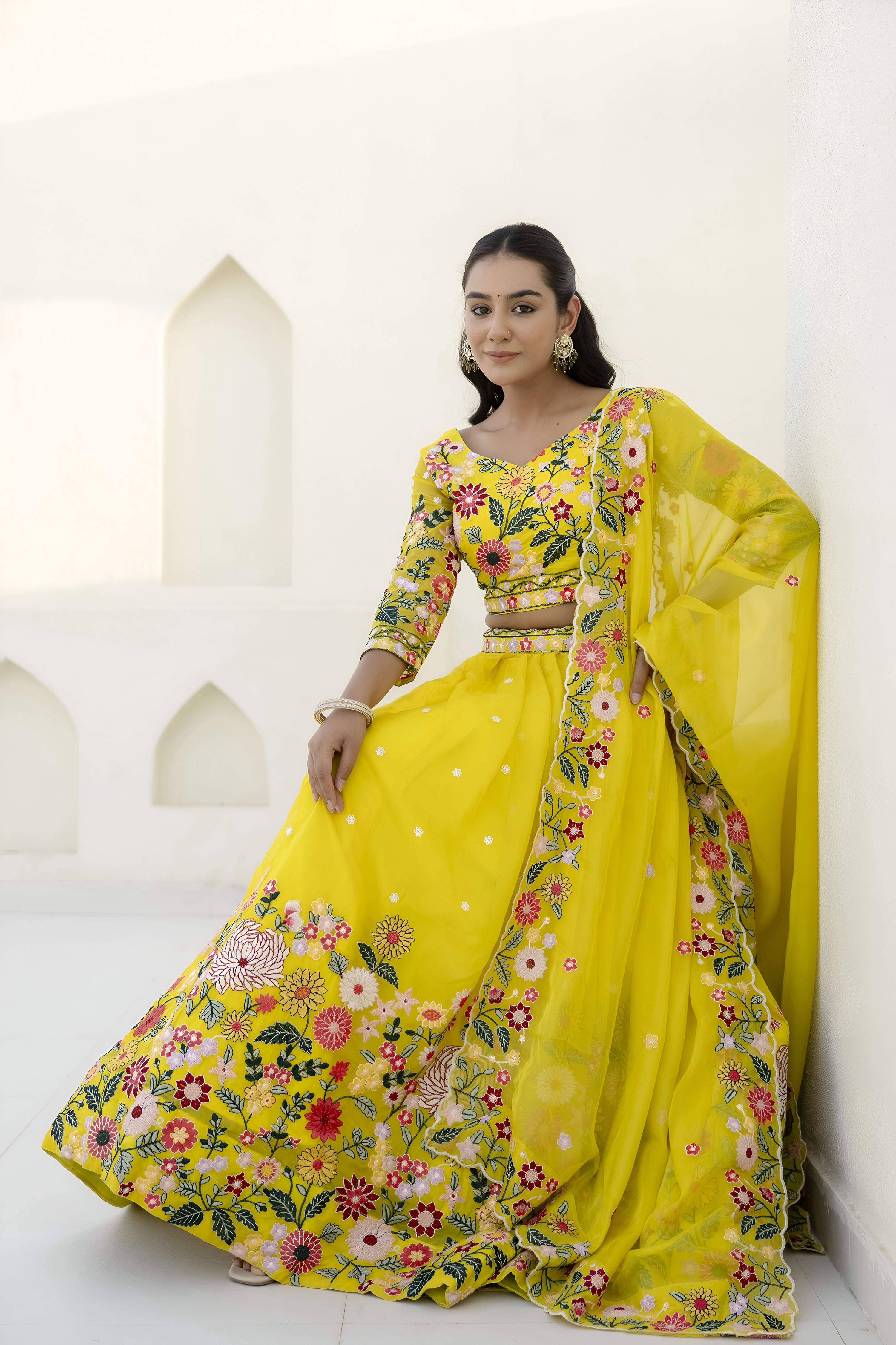 Aastha Fashion Yellow Organza Embroidery, Sequence Glamorous Festival Lehenga Choli