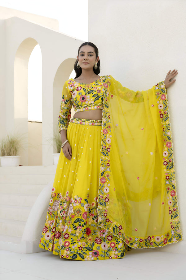 Aastha Fashion Yellow Organza Embroidery, Sequence Glamorous Festival Lehenga Choli