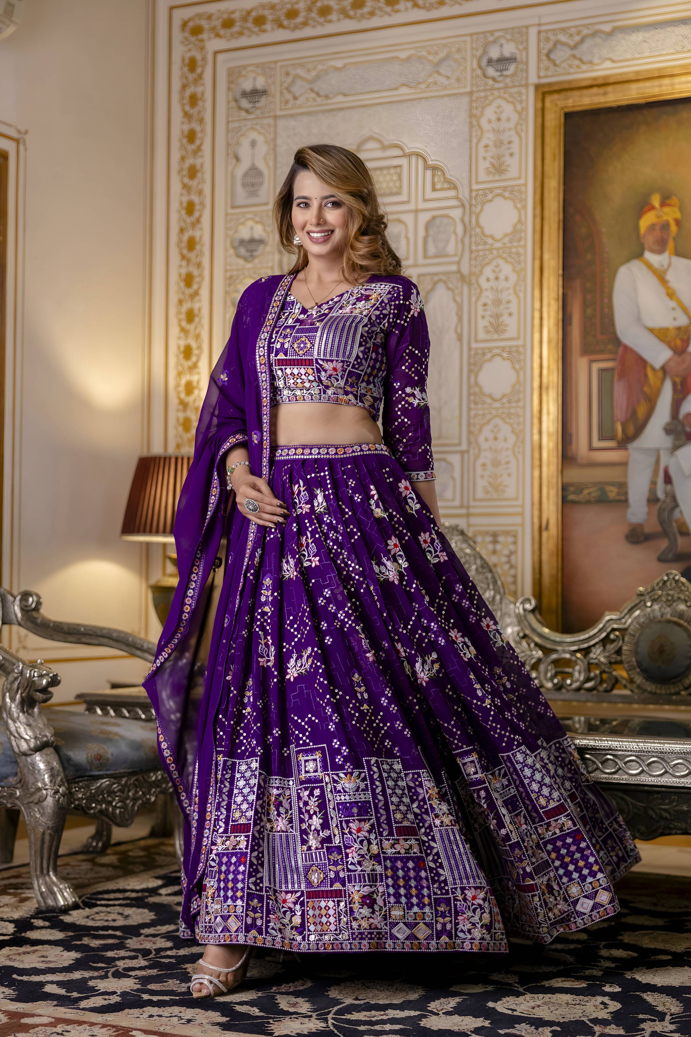 Aastha Fashion Purple Blooming Georgette Embroidery, Sequence Glamorous Festival Lehenga Choli