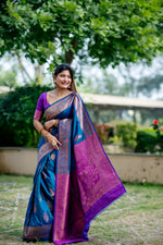 Thumbnail for Aastha Fashion Teal Soft Banarasi Katan Silk All Over Zari Weaving Pattern Saree