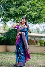 Thumbnail for Aastha Fashion Teal Soft Banarasi Katan Silk All Over Zari Weaving Pattern Saree