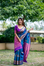 Thumbnail for Aastha Fashion Teal Soft Banarasi Katan Silk All Over Zari Weaving Pattern Saree
