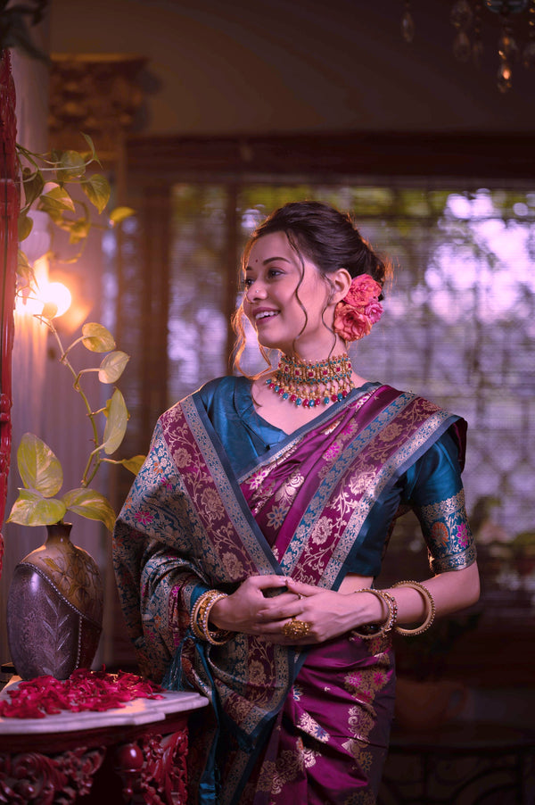 Aastha Fashion Purple Soft Banarasi Silk All Over Colourfull Meena Weaves Pattern Saree