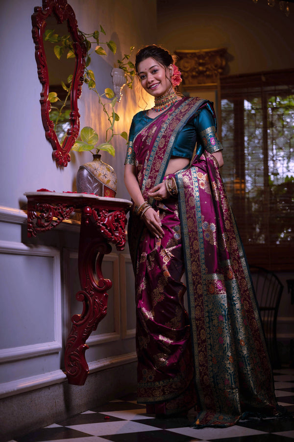 Aastha Fashion Purple Soft Banarasi Silk All Over Colourfull Meena Weaves Pattern Saree