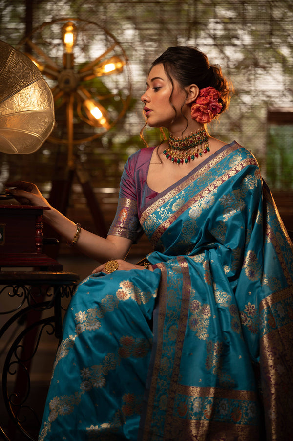Aastha Fashion Aqua Soft Banarasi Silk All Over Colourfull Meena Weaves Pattern Saree