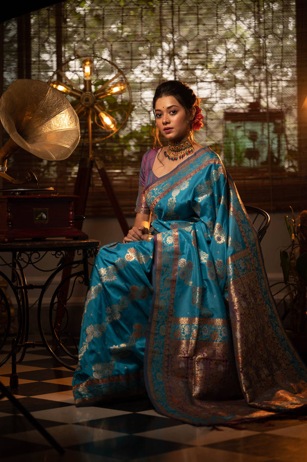 Aastha Fashion Aqua Soft Banarasi Silk All Over Colourfull Meena Weaves Pattern Saree
