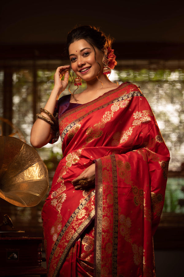 Aastha Fashion Red Soft Banarasi Silk All Over Colourfull Meena Weaves Pattern Saree