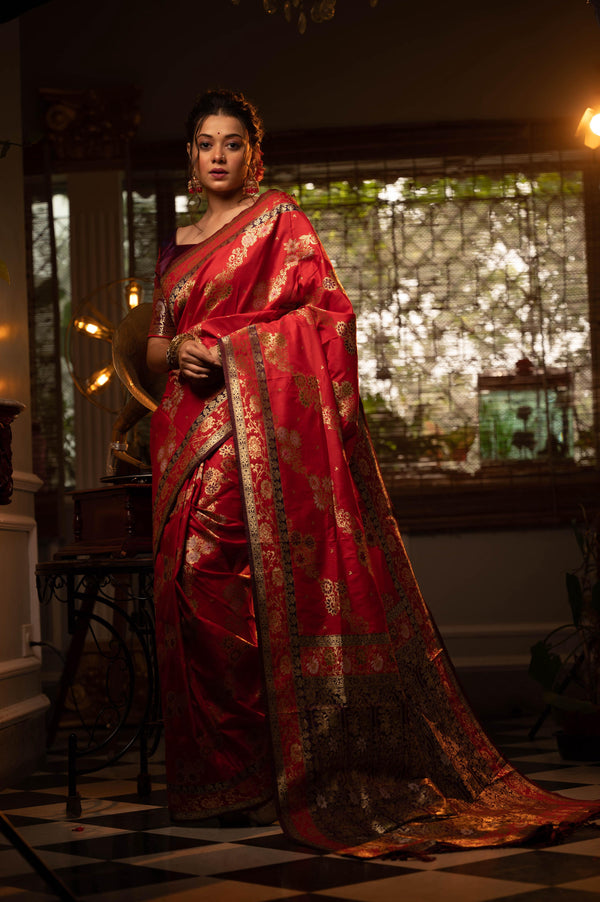 Aastha Fashion Red Soft Banarasi Silk All Over Colourfull Meena Weaves Pattern Saree