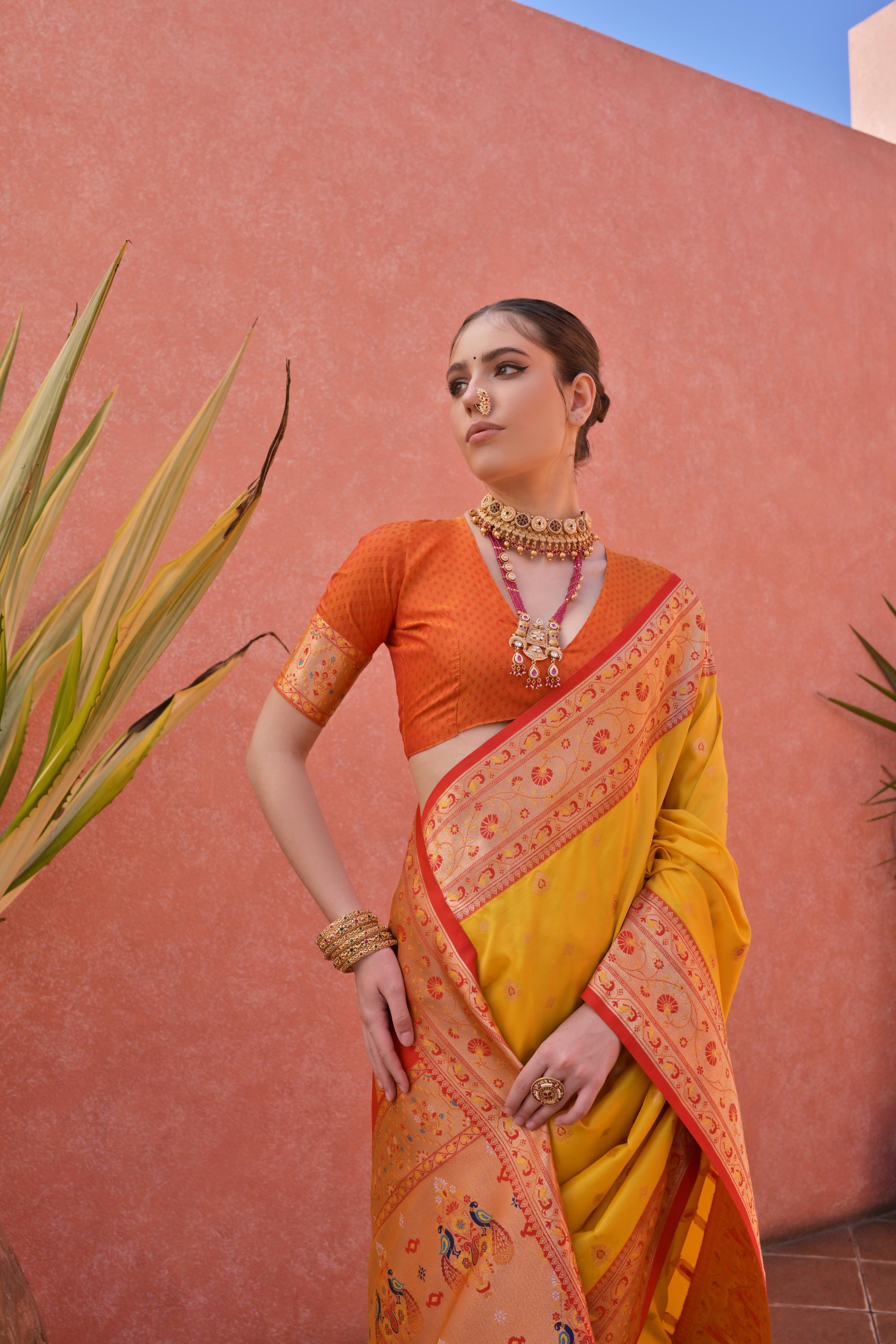 Aastha Fashion Yellow Soft Banarasi Silk Weaving Border And Rich Zari Woven Saree