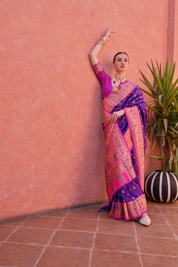 Aastha Fashion Purple Soft Banarasi Silk Weaving Border And Rich Zari Woven Saree