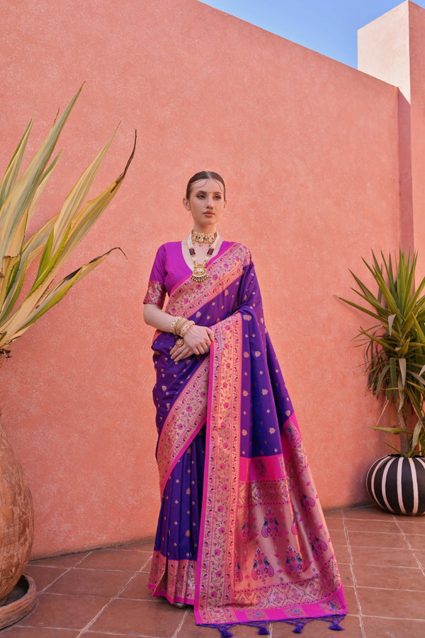 Aastha Fashion Purple Soft Banarasi Silk Weaving Border And Rich Zari Woven Saree