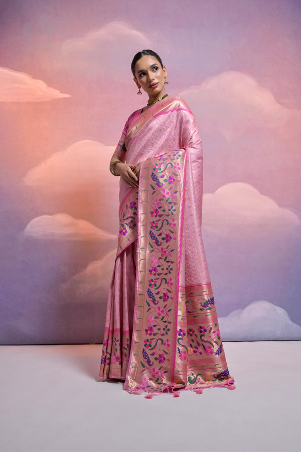 Aastha Fashion Baby Pink Soft Banarasi Silk Combination Of Kanjivaram Weaving Texture Saree