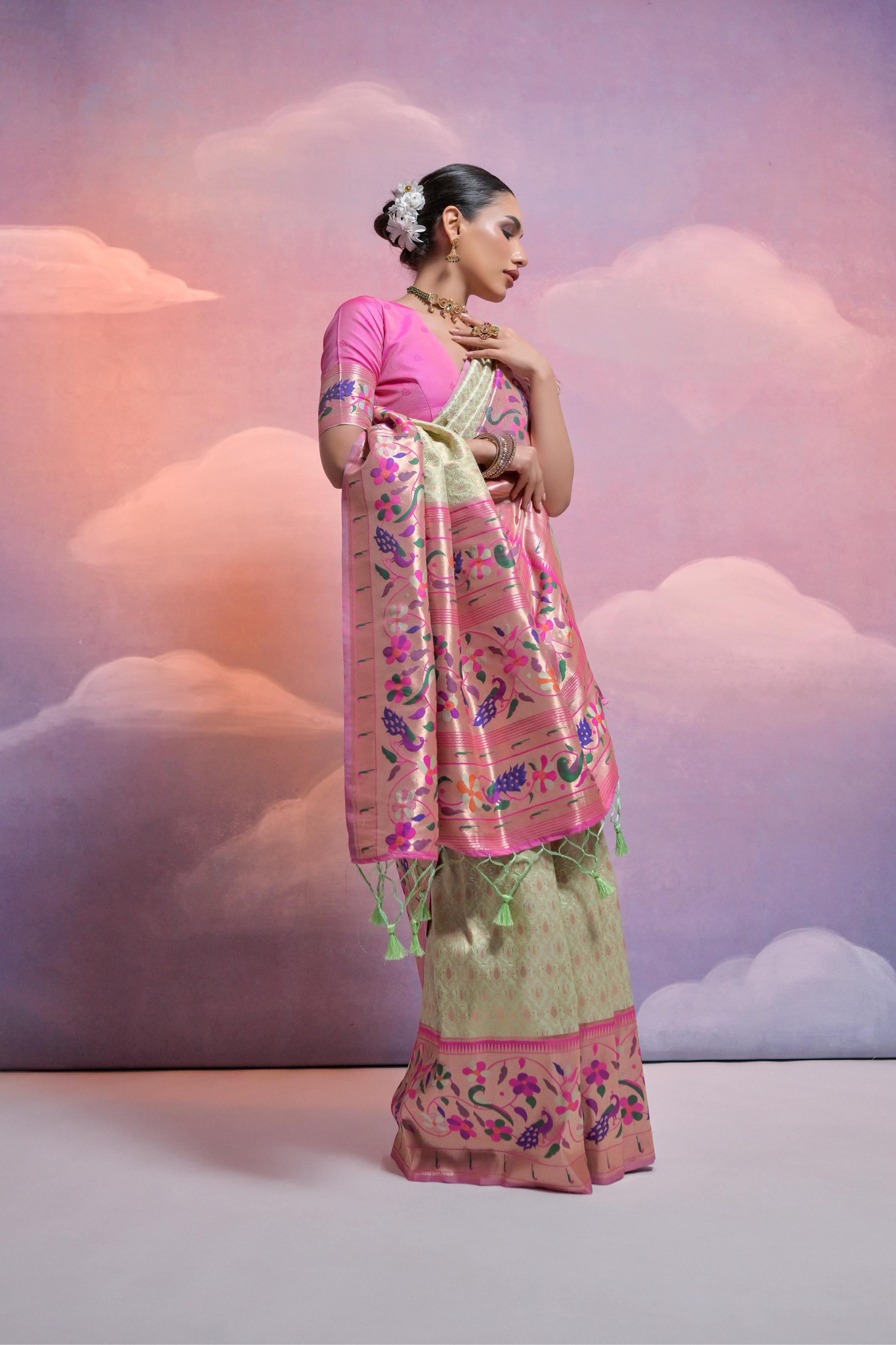 Aastha Fashion Pista Pista Soft Banarasi Silk Combination Of Kanjivaram Weaving Texture Saree