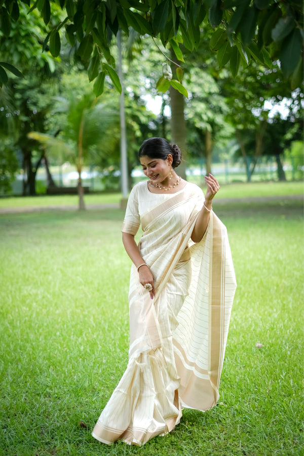 Aastha Fashion White Banarasi Raw Silk All Over Zari Saree