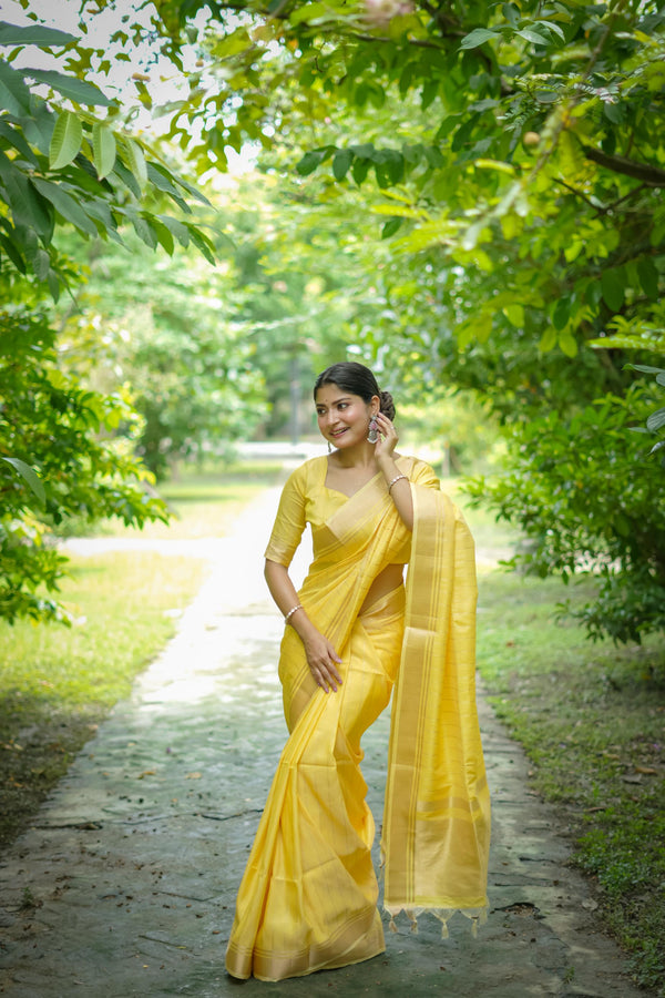 Aastha Fashion Yellow Banarasi Raw Silk All Over Zari Saree
