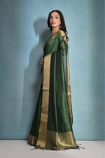 Thumbnail for Aastha Fashion Green Banarasi Raw Silk Over Zari Linning Pattern Saree