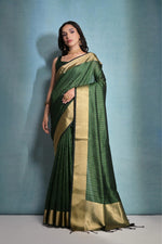 Thumbnail for Aastha Fashion Green Banarasi Raw Silk Over Zari Linning Pattern Saree