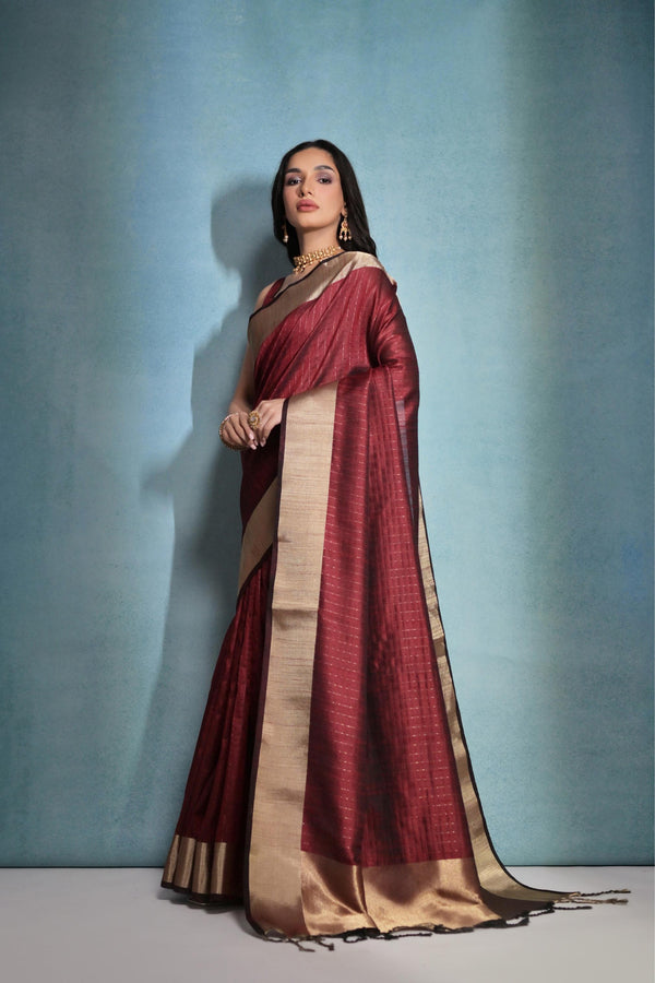 Aastha Fashion Maroon Banarasi Raw Silk Over Zari Linning Pattern Saree