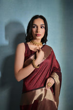 Thumbnail for Aastha Fashion Maroon Banarasi Raw Silk Over Zari Linning Pattern Saree
