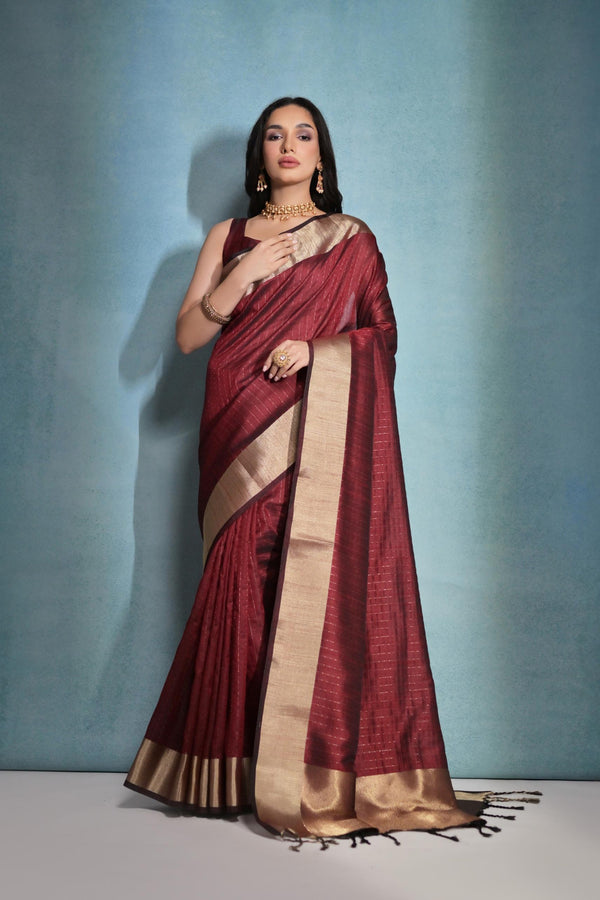 Aastha Fashion Maroon Banarasi Raw Silk Over Zari Linning Pattern Saree