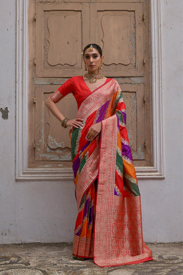Aastha Fashion Red Soft Banarasi Silk Weaving Saree