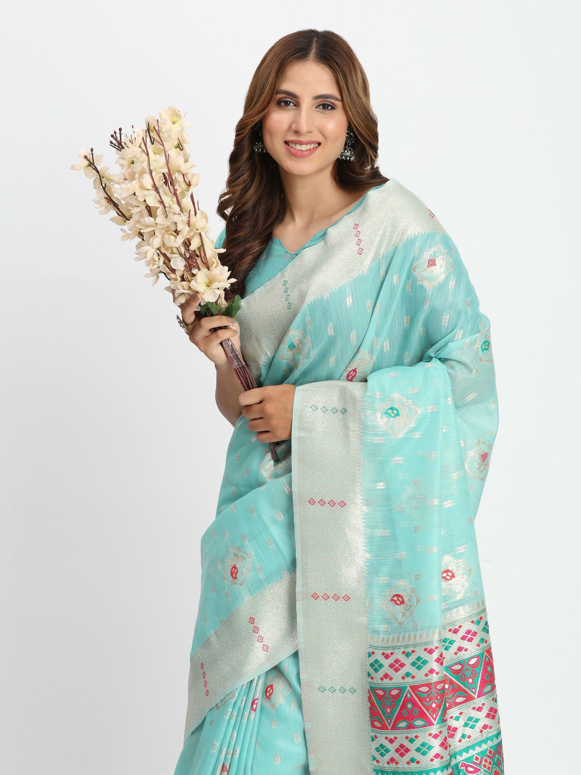 Shree Shyam Fashion Linen Cotton Sea Green Saree - Distacart