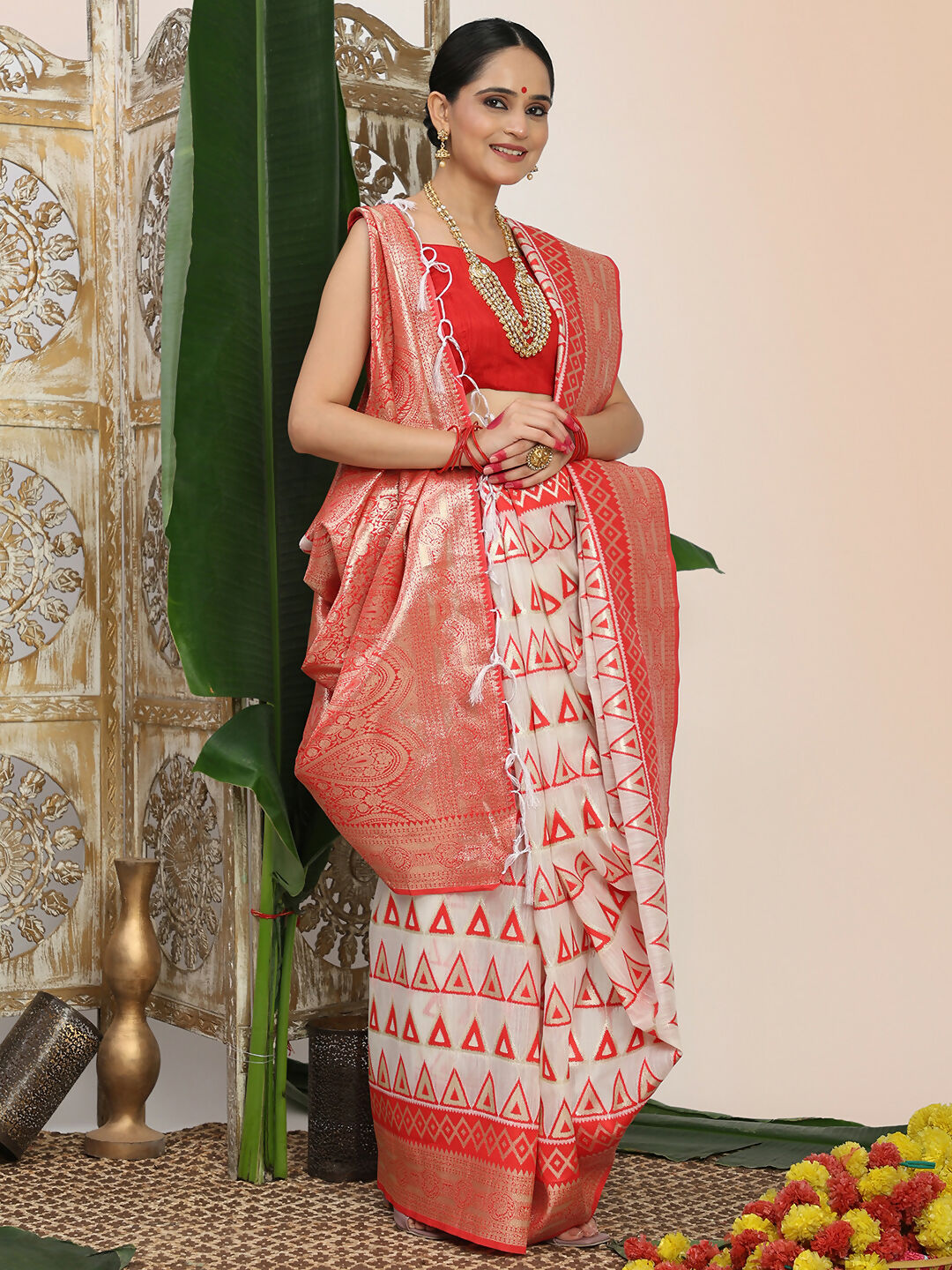 Astita Linen Cotton Red & White Saree