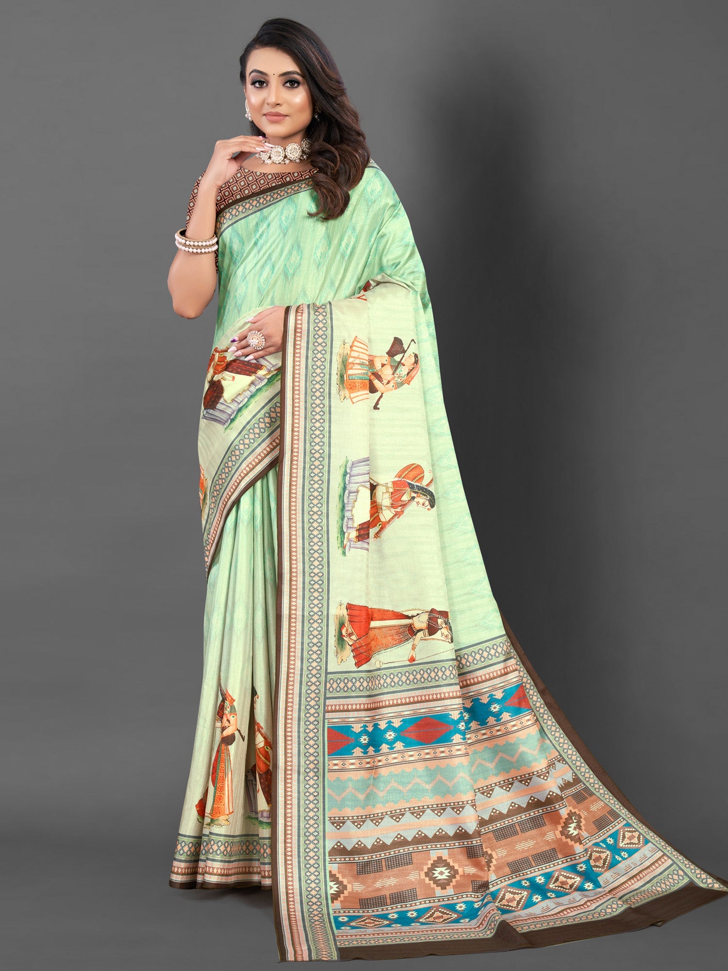 NOZ2TOZ Women's Silk Blend Light Green Printed Designer Saree With Blouse Piece - Distacart