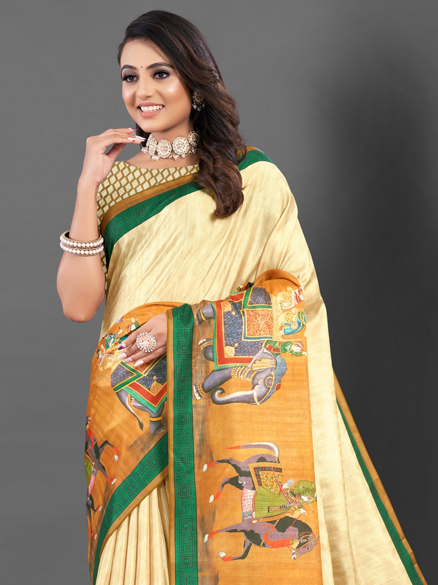 NOZ2TOZ Women's Silk Blend Cream Printed Designer Saree With Blouse Piece - Distacart