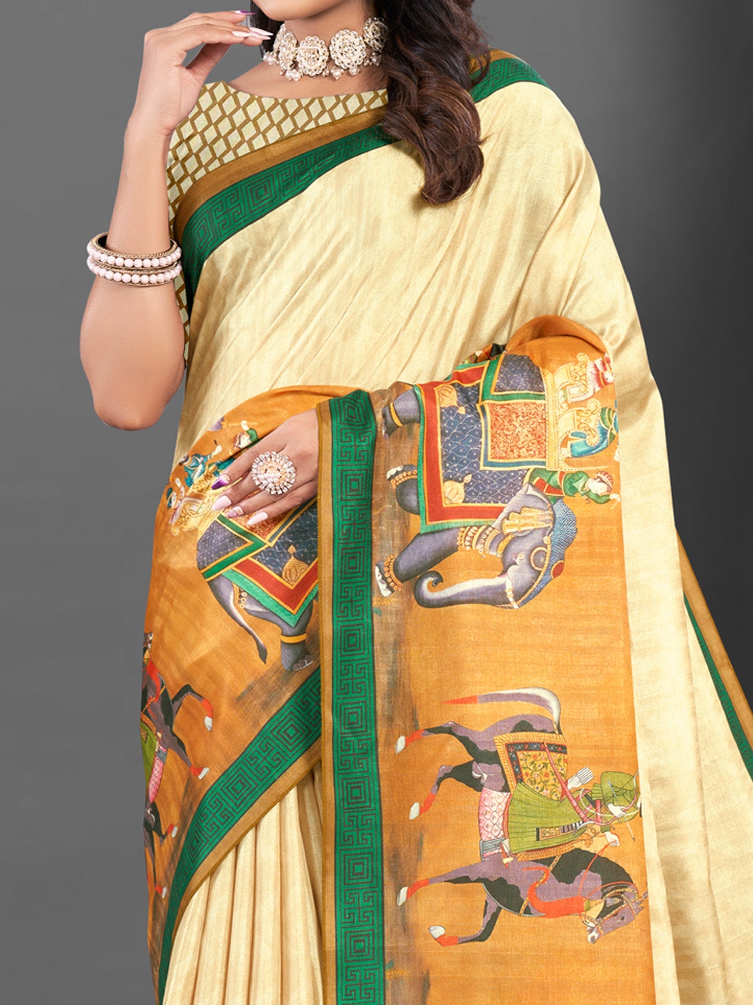 NOZ2TOZ Women's Silk Blend Cream Printed Designer Saree With Blouse Piece - Distacart