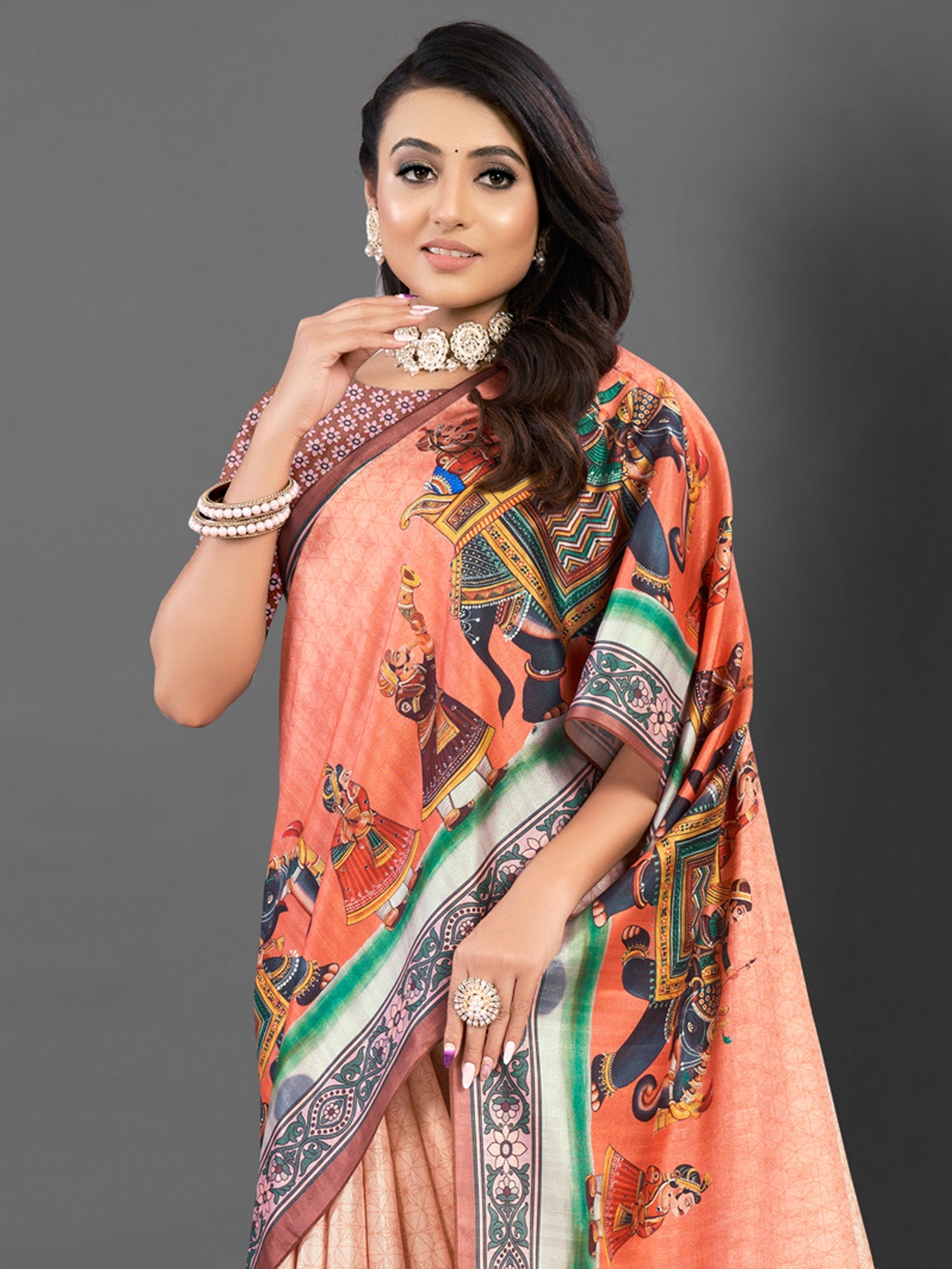 NOZ2TOZ Women's Silk Blend Peach Printed Designer Saree With Blouse Piece - Distacart