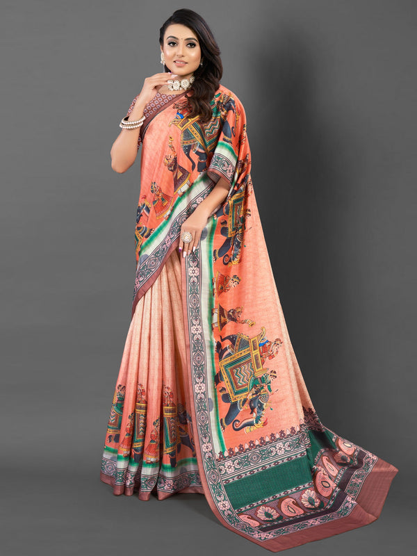 NOZ2TOZ Women's Silk Blend Peach Printed Designer Saree With Blouse Piece - Distacart