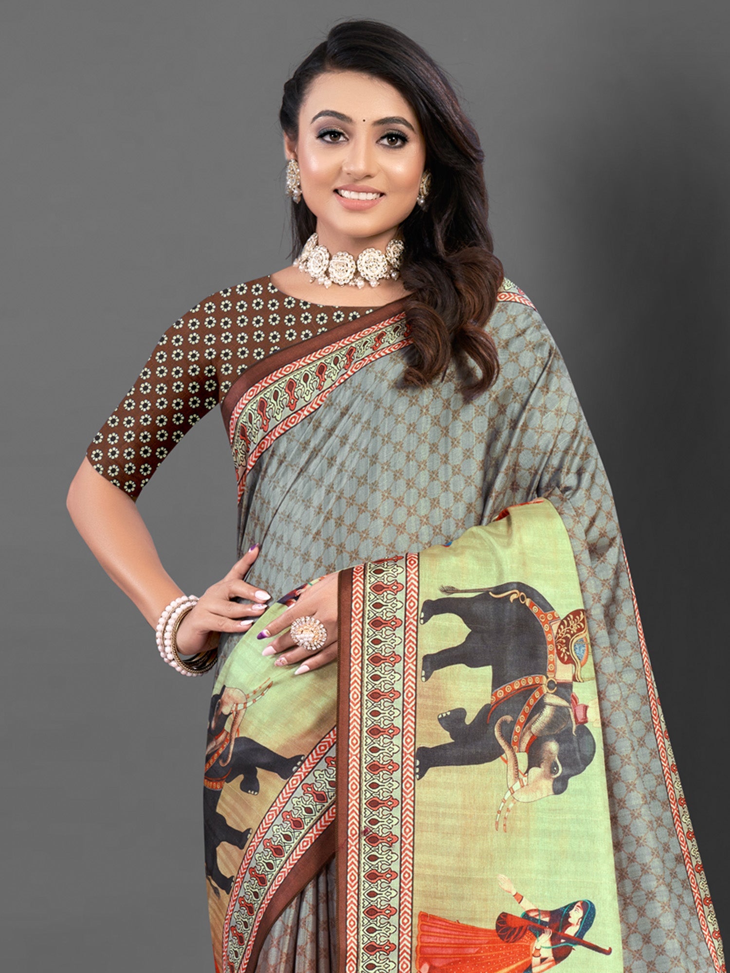 NOZ2TOZ Women's Silk Blend Grey Printed Designer Saree With Blouse Piece - Distacart