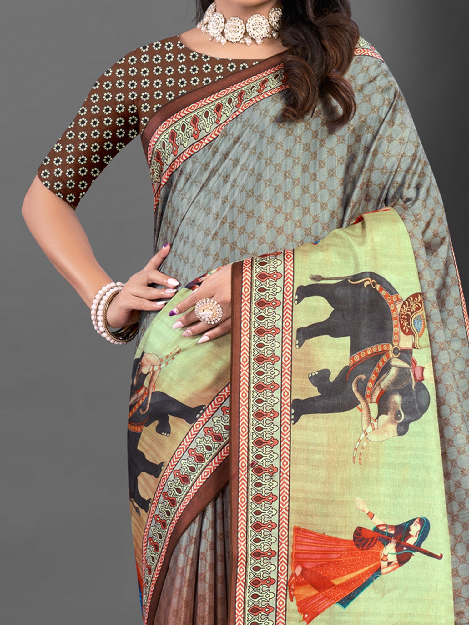 NOZ2TOZ Women's Silk Blend Grey Printed Designer Saree With Blouse Piece - Distacart